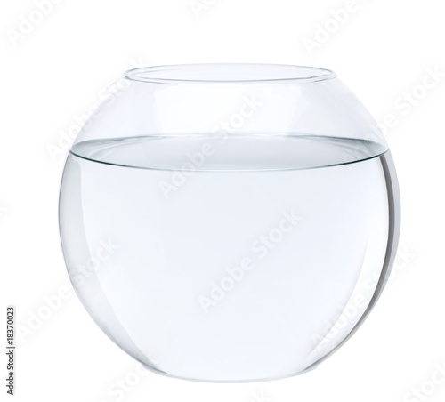 Empty fish bowl with water in front of white background