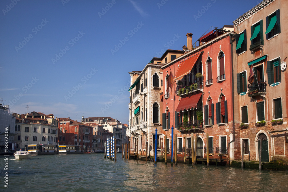 Grand Canal Boat Reflections Poles Venice Italy