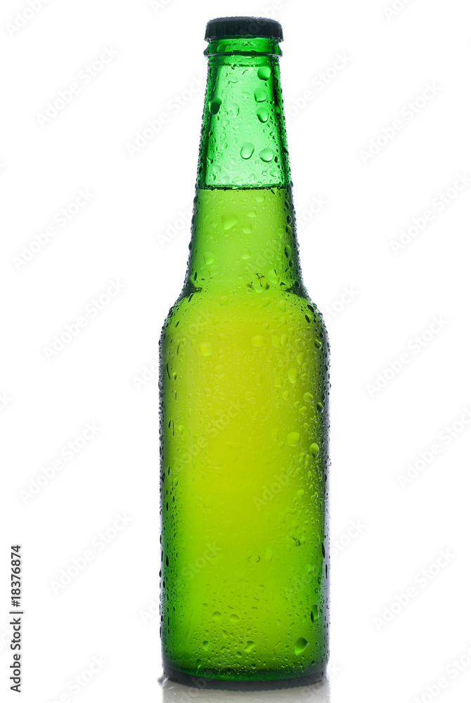 Green beer bottle with water drops isolated on white Green beer bottle with water drops isolated on white