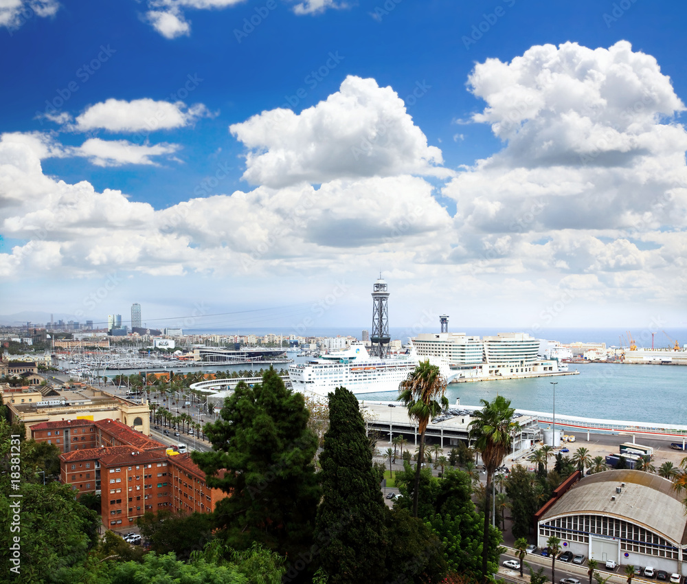 an aerial view of Barcelona City and harbor