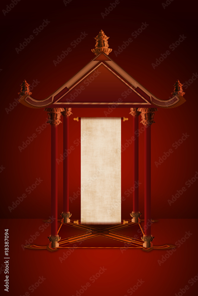 The small Chinese pavilion with antique parchment roll