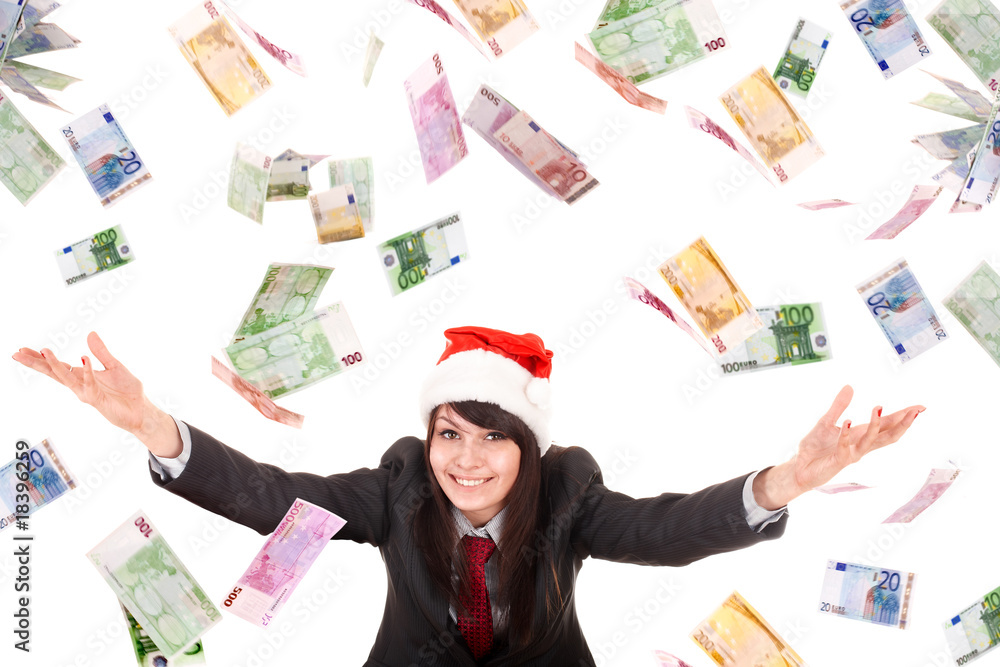 Business woman in santa hat with flying money euro. Isolated. Business woman in santa hat with flying money euro. Isolated.