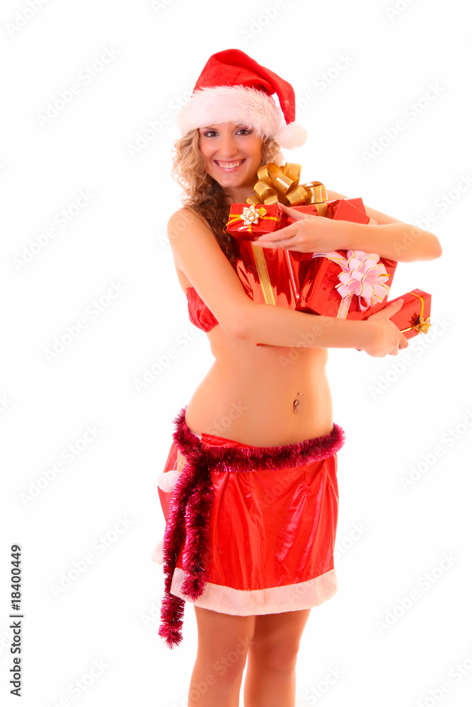 Young woman with presents isolated on white Young woman with presents isolated on white