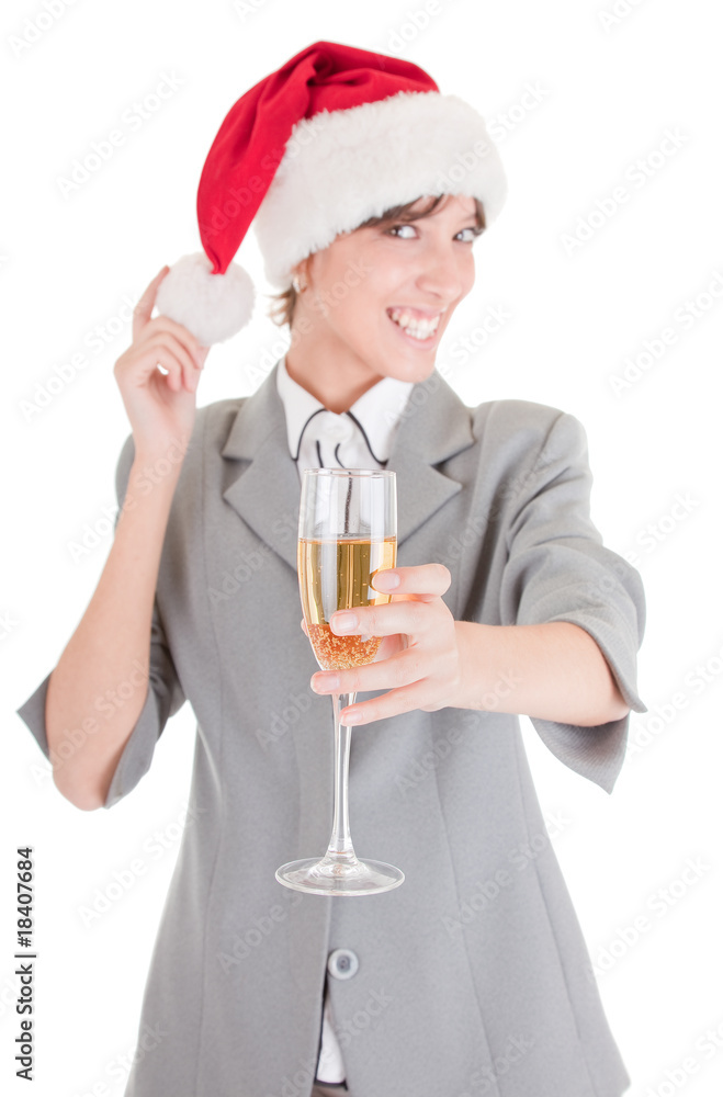 business girl in Santa hat and with champagne business girl in Santa hat and with champagne