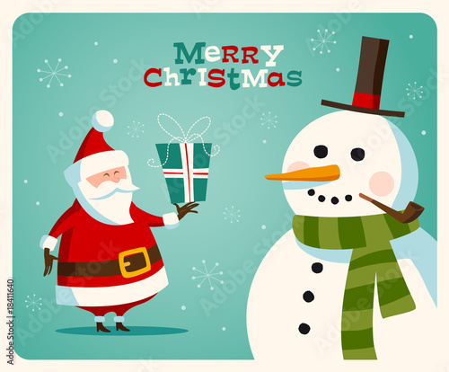 Christmas card with Santa and snowman. Vector. Editable