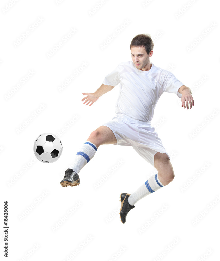 Football player with ball isolated against white background