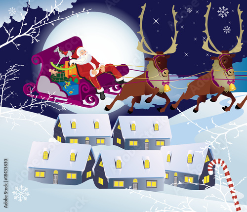 Santa Claus and sledge with presents. Vector illustration