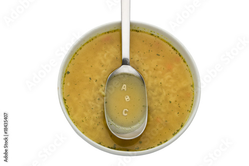 letters A B C spelled in alphabet soup