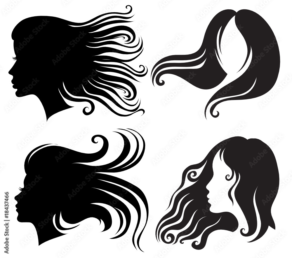 Big set of black silhouettes of woman with long blowing hair Big set of black silhouettes of woman with long blowing hair