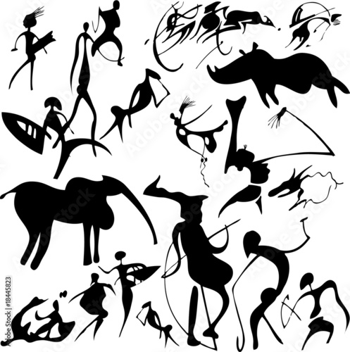 Cave painting on a white background. Vector art-illustration.