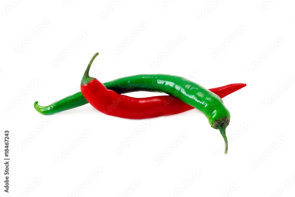 red and green chili peppers isolated on white background