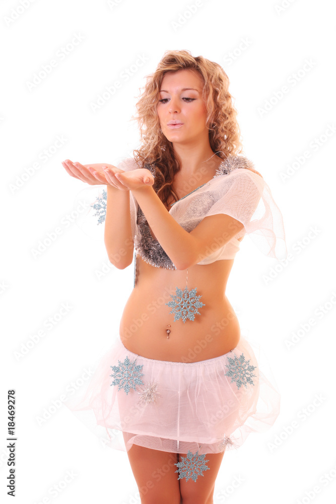 Beautiful winter girl with small blue snowflakes Beautiful winter girl with small blue snowflakes