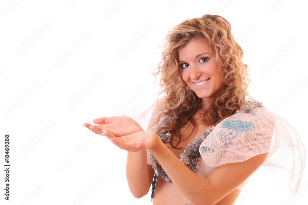 Beautiful winter girl with small blue snowflakes Beautiful winter girl with small blue snowflakes