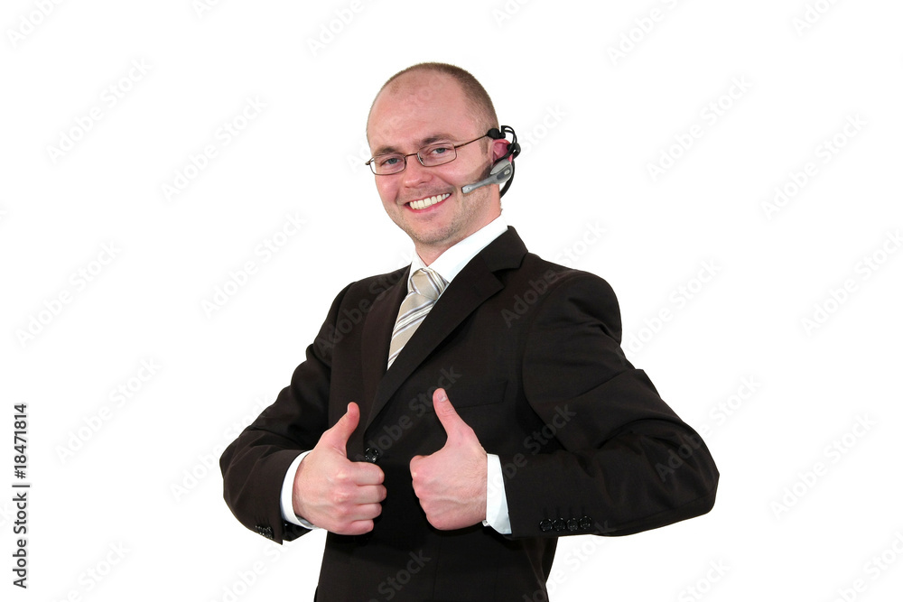 callcenter agent mit Brille posiert mit beiden Daumen hoch callcenter agent mit Brille posiert mit beiden Daumen hoch