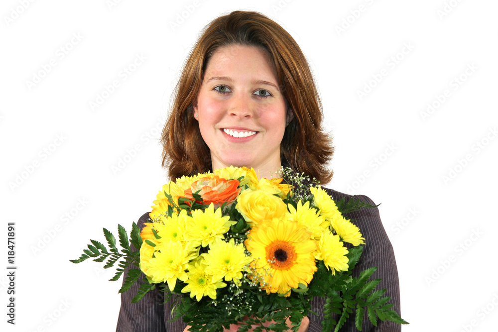 lächelnde, glückliche Geschäftsfrau mit Blumenstrauss lächelnde, glückliche Geschäftsfrau mit Blumenstrauss