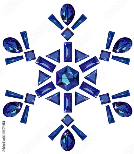 Snowflake made from different cut sapphires isolated on white
