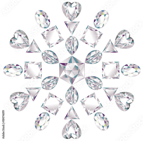 Snowflake made from different cut diamonds isolated on white
