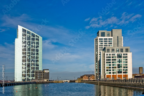 Two modern tower block near canal in Liverpol