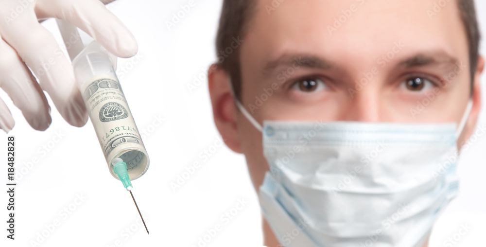 man in mask pointing wiyh money syringe closeup man in mask pointing wiyh money syringe closeup