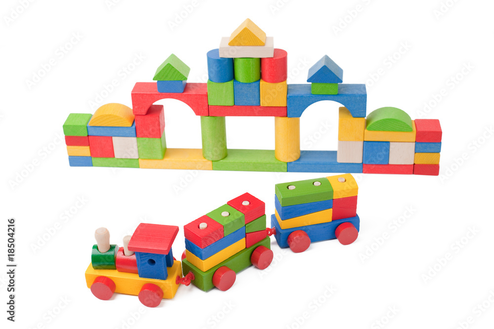 Fototapeta premium Colorful toy train and toy blocks