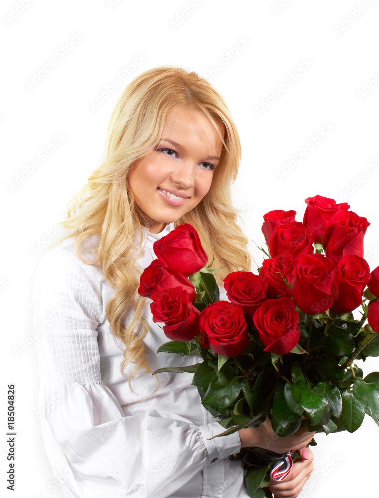 beautiful young girl with a bouquet of roses beautiful young girl with a bouquet of roses