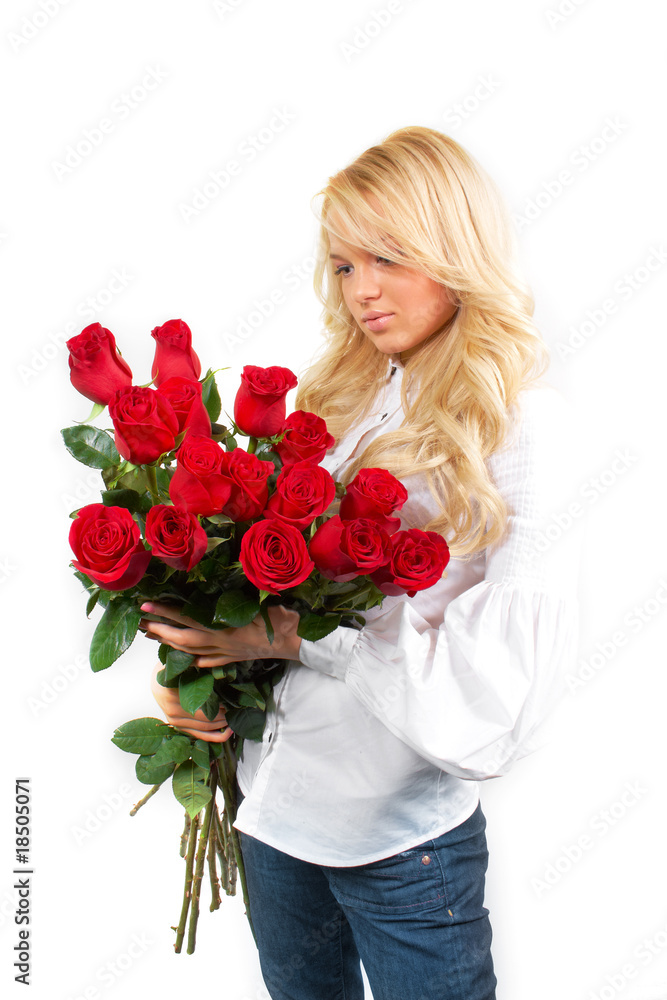 beautiful young girl with a bouquet of roses
