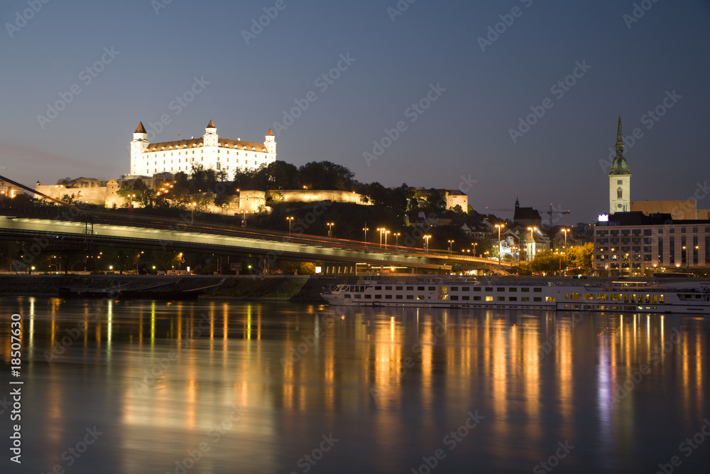 Bratislava - castle and cathedral in evening and Danube