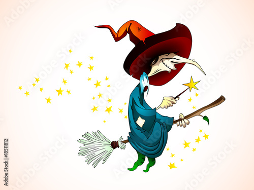 Spooky Witch with Magic Wand Flying on a Broom