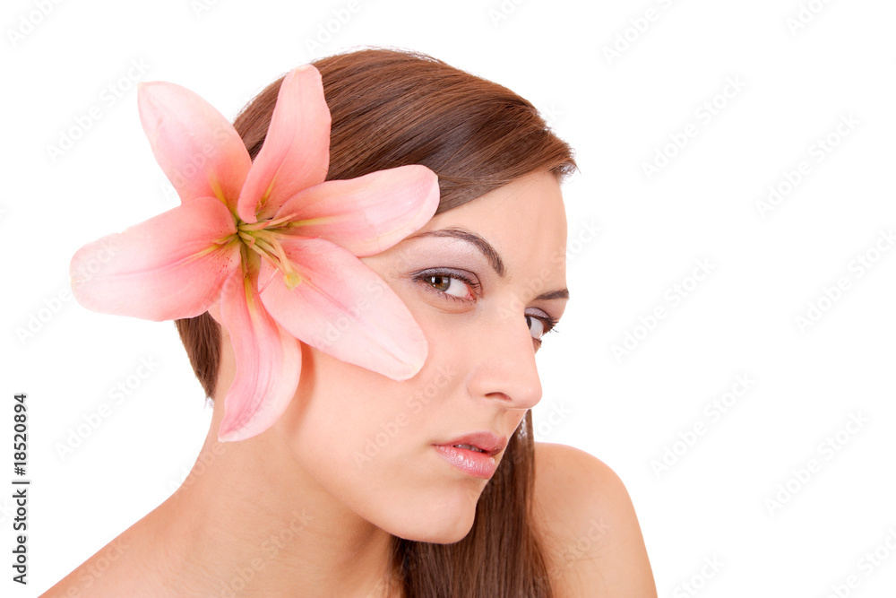 Beautiful woman with flower isolated on white Beautiful woman with flower isolated on white