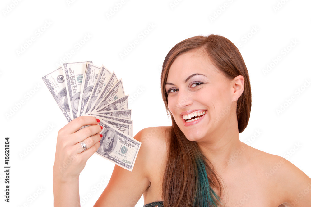 Attractive woman takes lot of 100 dollar bills Attractive woman takes lot of 100 dollar bills