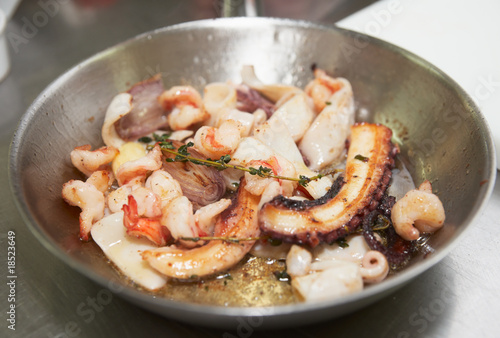 Seafood stir fried on pan