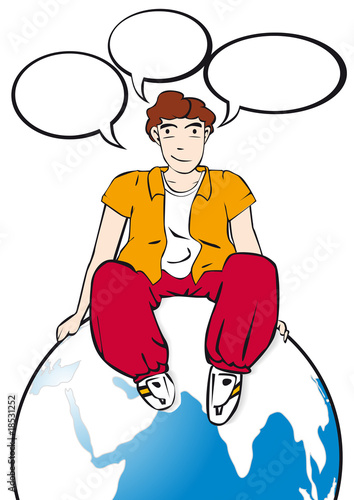 joven sentado en la bola del mundo