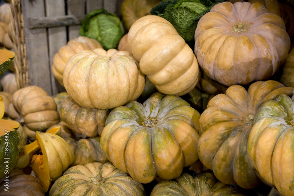 Fruits of a ripe pumpkin  on market