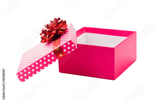 Open pink gift with red ribbon