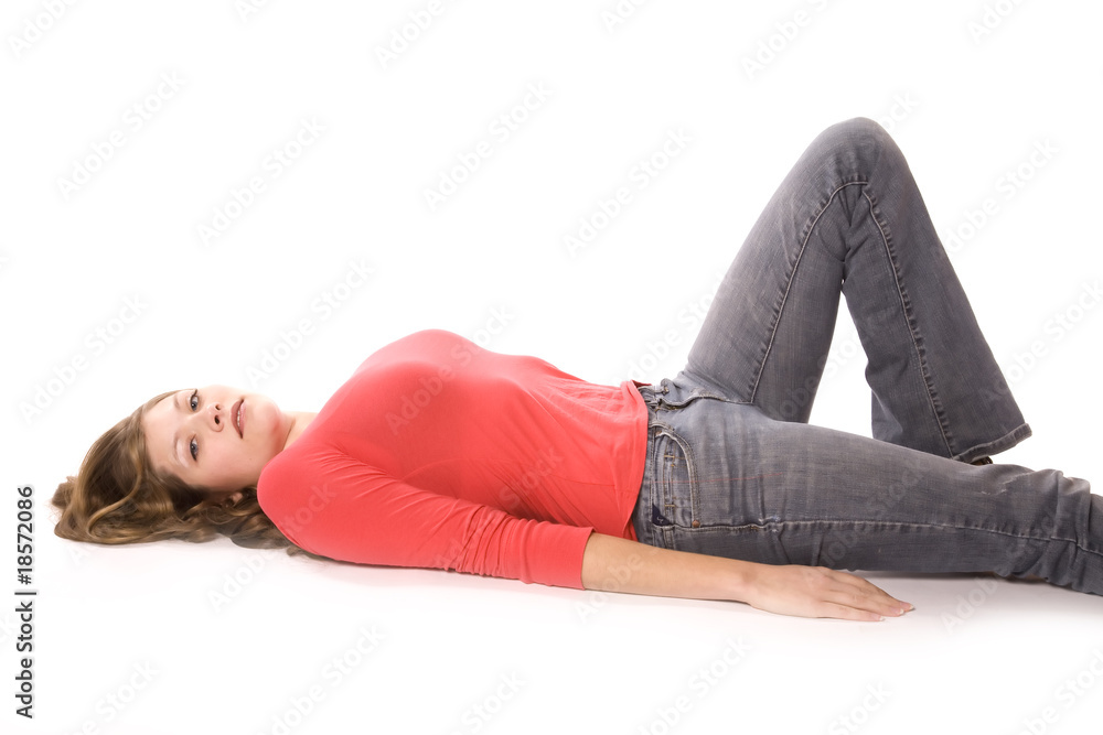 Woman in red laying on back Woman in red laying on back
