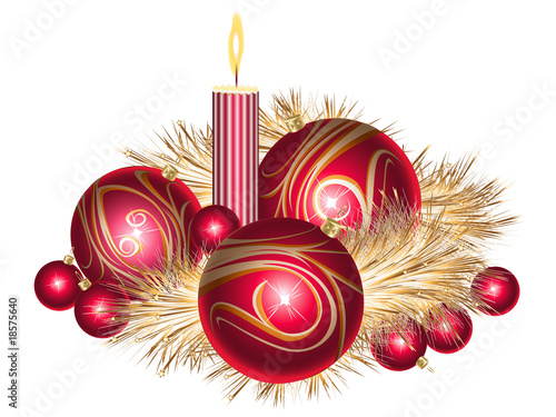 Christmas balls with tinsel and candle