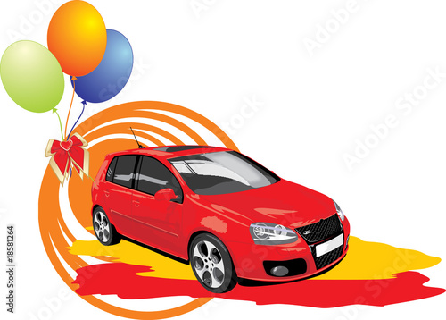 Red car with colorful balls. Vector