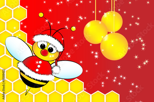 Christmas card with a bee Santa Claus and beehive