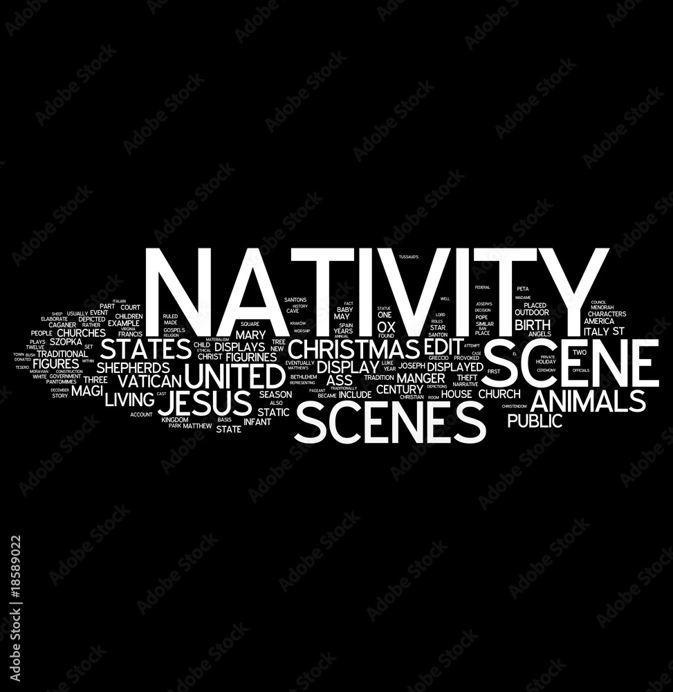 nativity word collage on black background