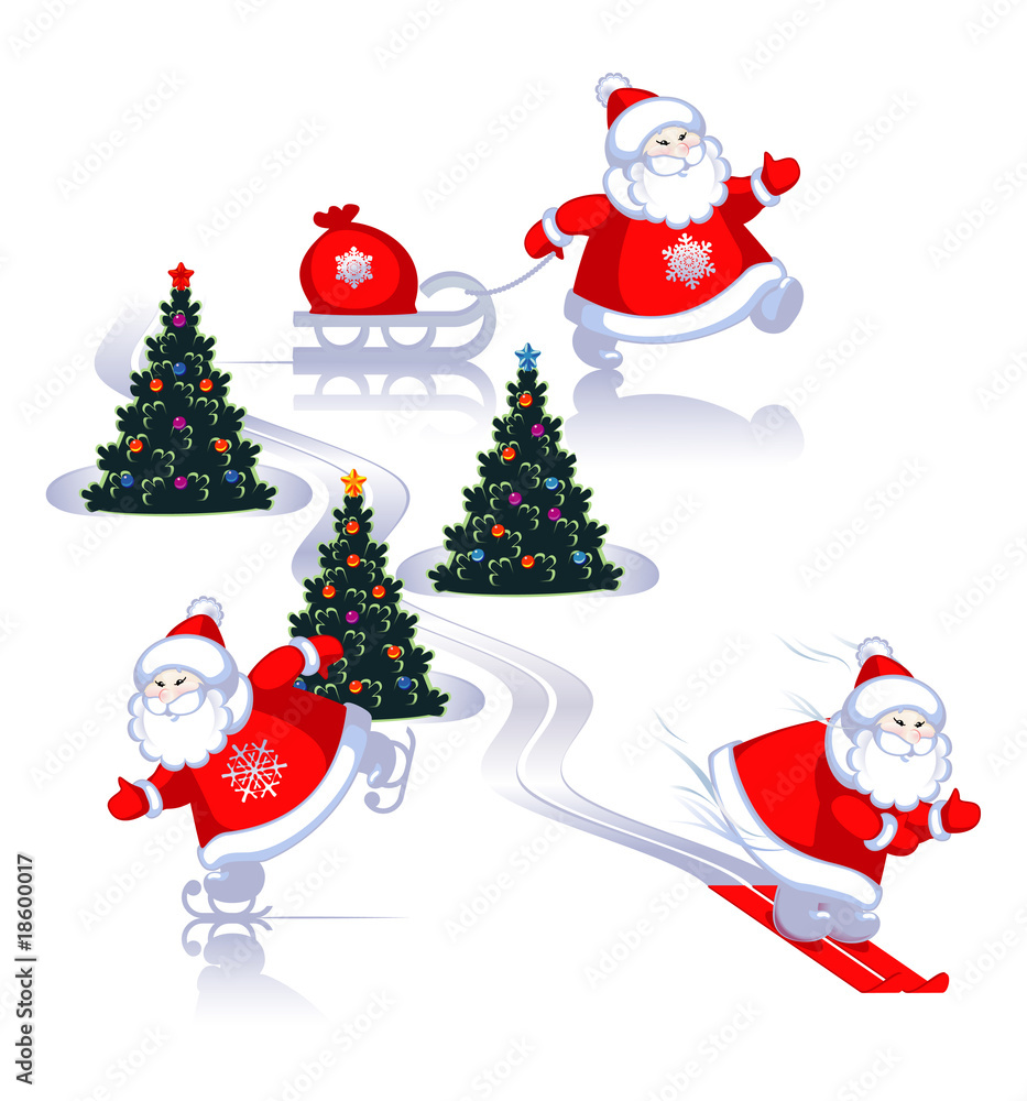 Santa on skis, on skates, with the gifts. Santa on skis, on skates, with the gifts.