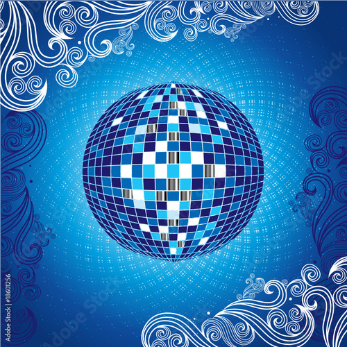 Background with blue shining disco-ball and pattern