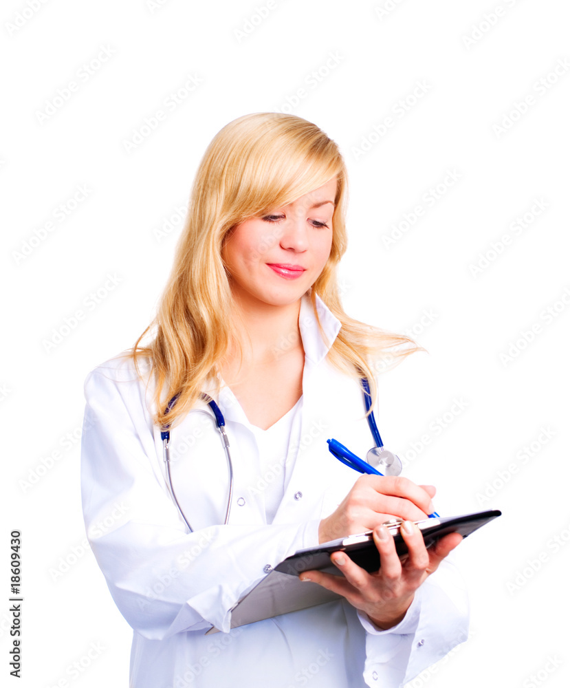 blond female doctor making notes in papers over white blond female doctor making notes in papers over white