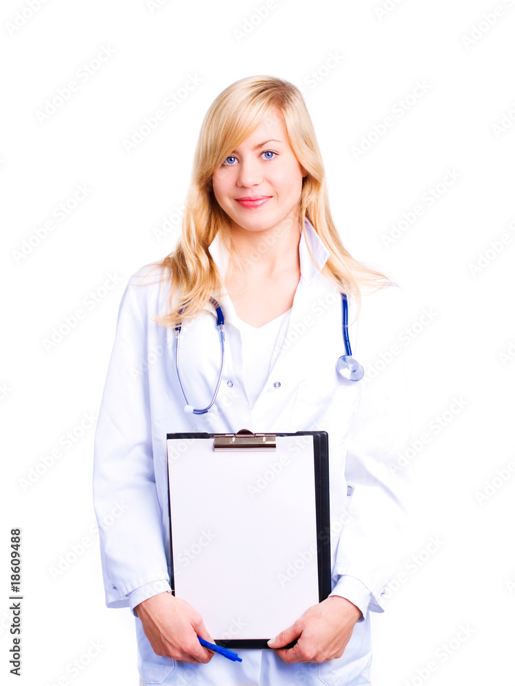 smiling female doctor with stethoscope holding clipboard smiling female doctor with stethoscope holding clipboard