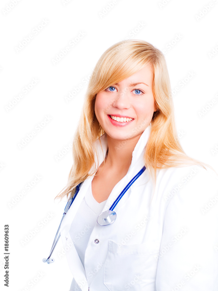 smiling blond female doctor with stethoscope over white smiling blond female doctor with stethoscope over white