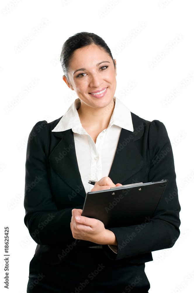 Business woman taking notes on clipboard Business woman taking notes on clipboard
