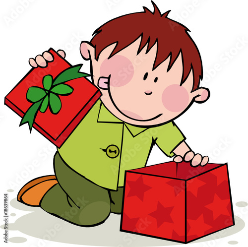 Funny boy opens the gift