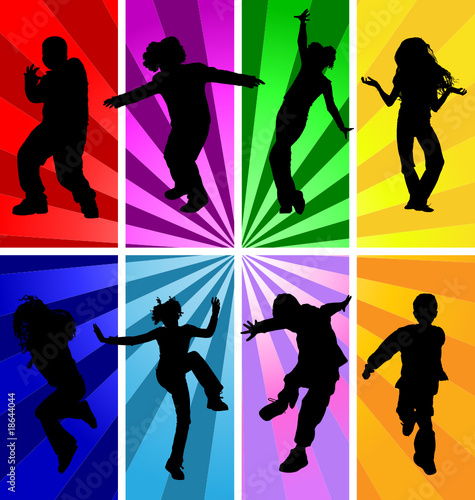 Vector silhouettes of jumping and dancing kids in retro style.
