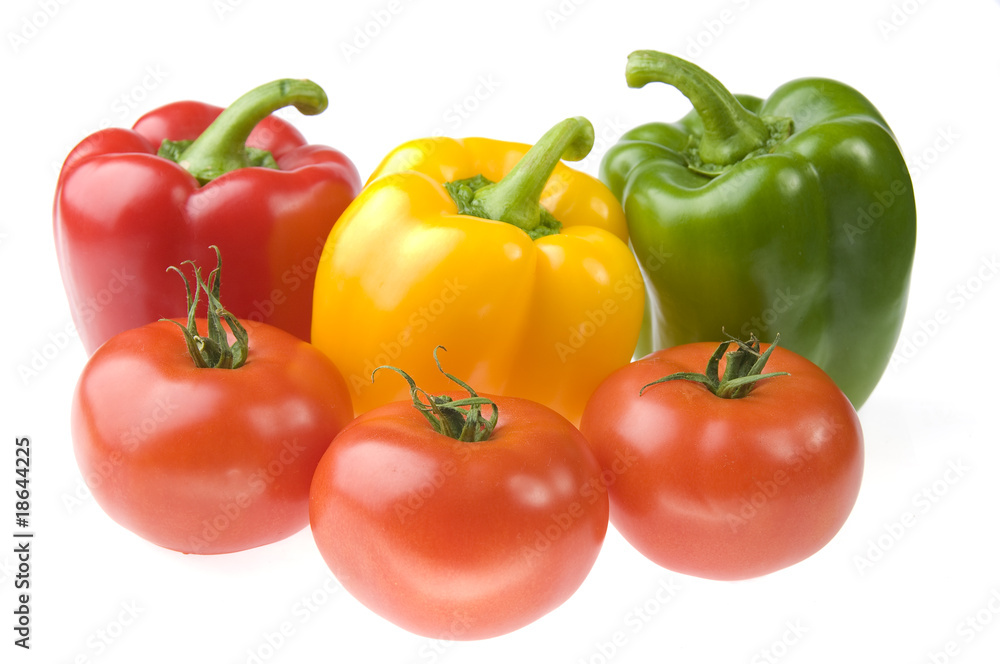 Three colored peppers and three tomatoes Three colored peppers and three tomatoes