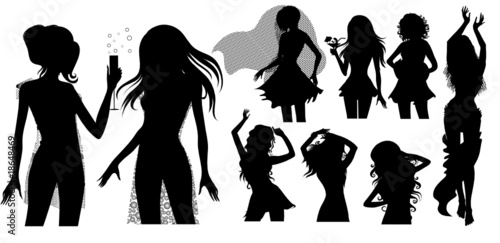 Big set of black closeup silhouette of woman