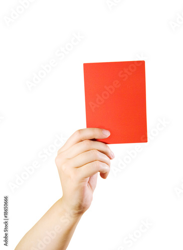 Hand holding a red card (isolated on white)